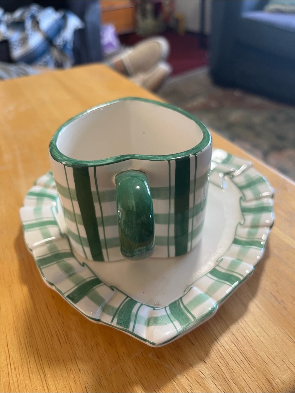C&S Green Striped Heart Creamer and Saucer Set - Home Dining - Picture 2 of 5